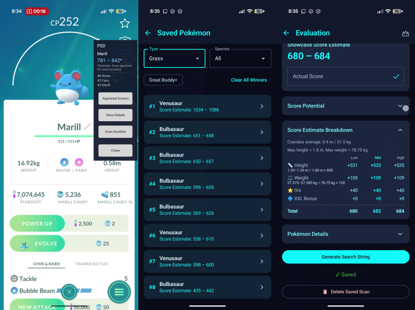 Poke Showcase Dex app screens: Pokémon detail with showcase estimate, saved Pokémon leaderboard, and score evaluation breakdown